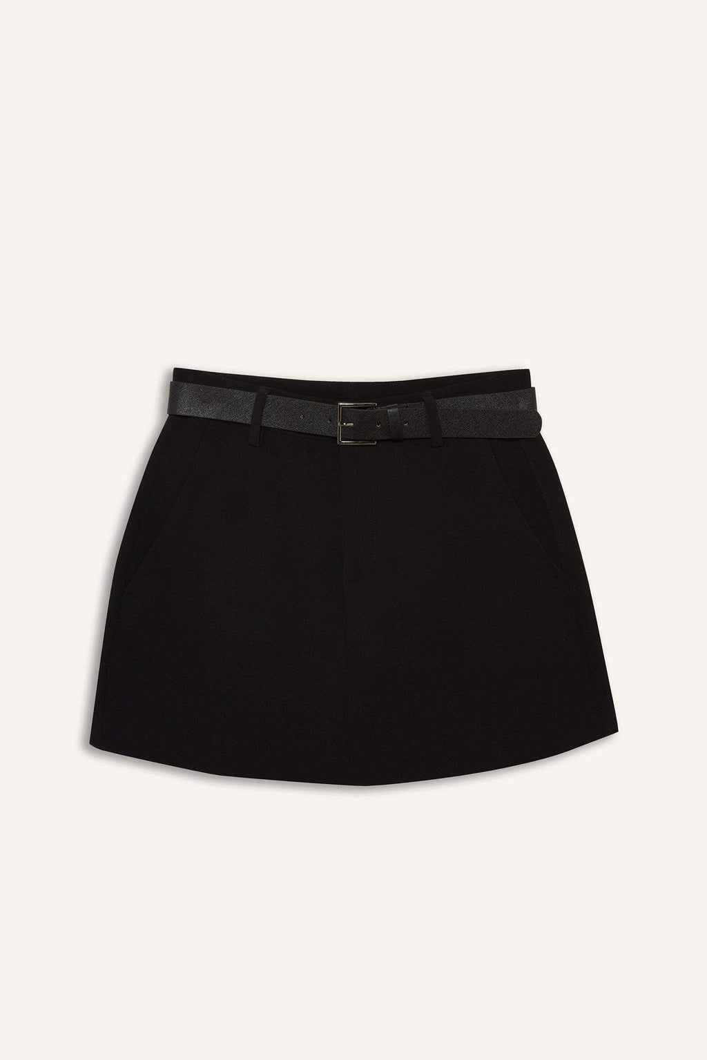 High-waisted, straight-leg, belted skort