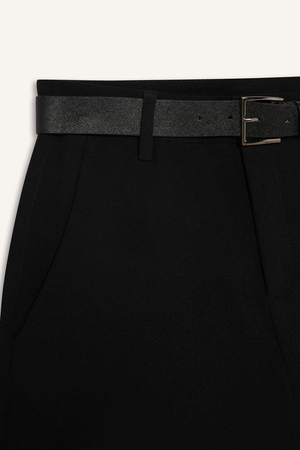 High-waisted, straight-leg, belted skort