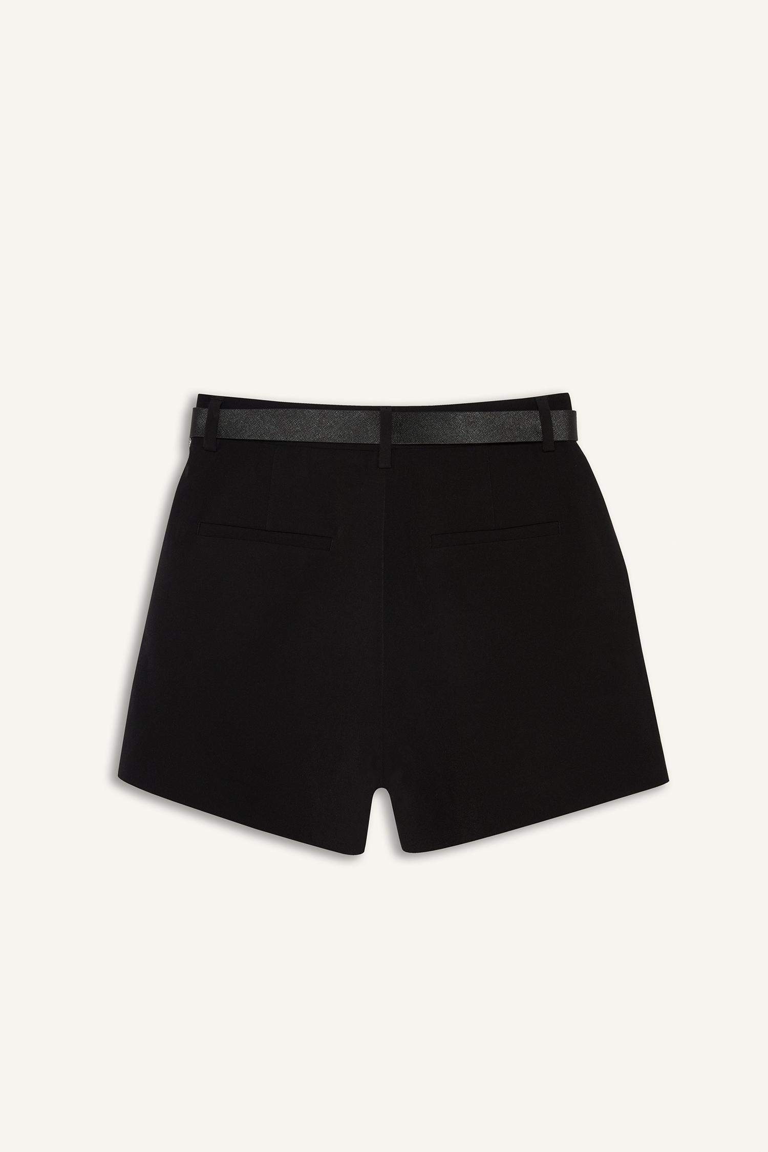 High-waisted, straight-leg, belted skort