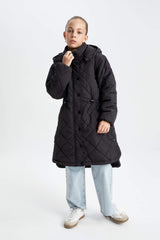 Girls Waterproof Hooded Zippered Snap Pocket Long Coat Parka