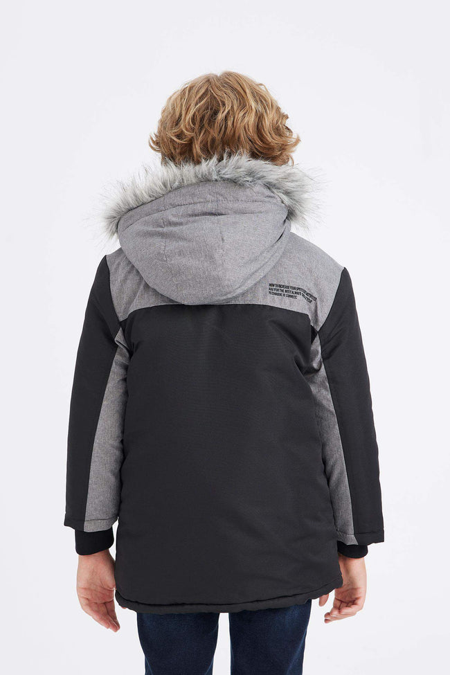 Boys Detachable Faux Fur Collar Hooded Plush Lining Parka Main Image