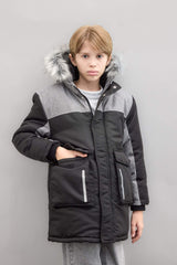Boys Detachable Faux Fur Collar Hooded Plush Lining Parka
