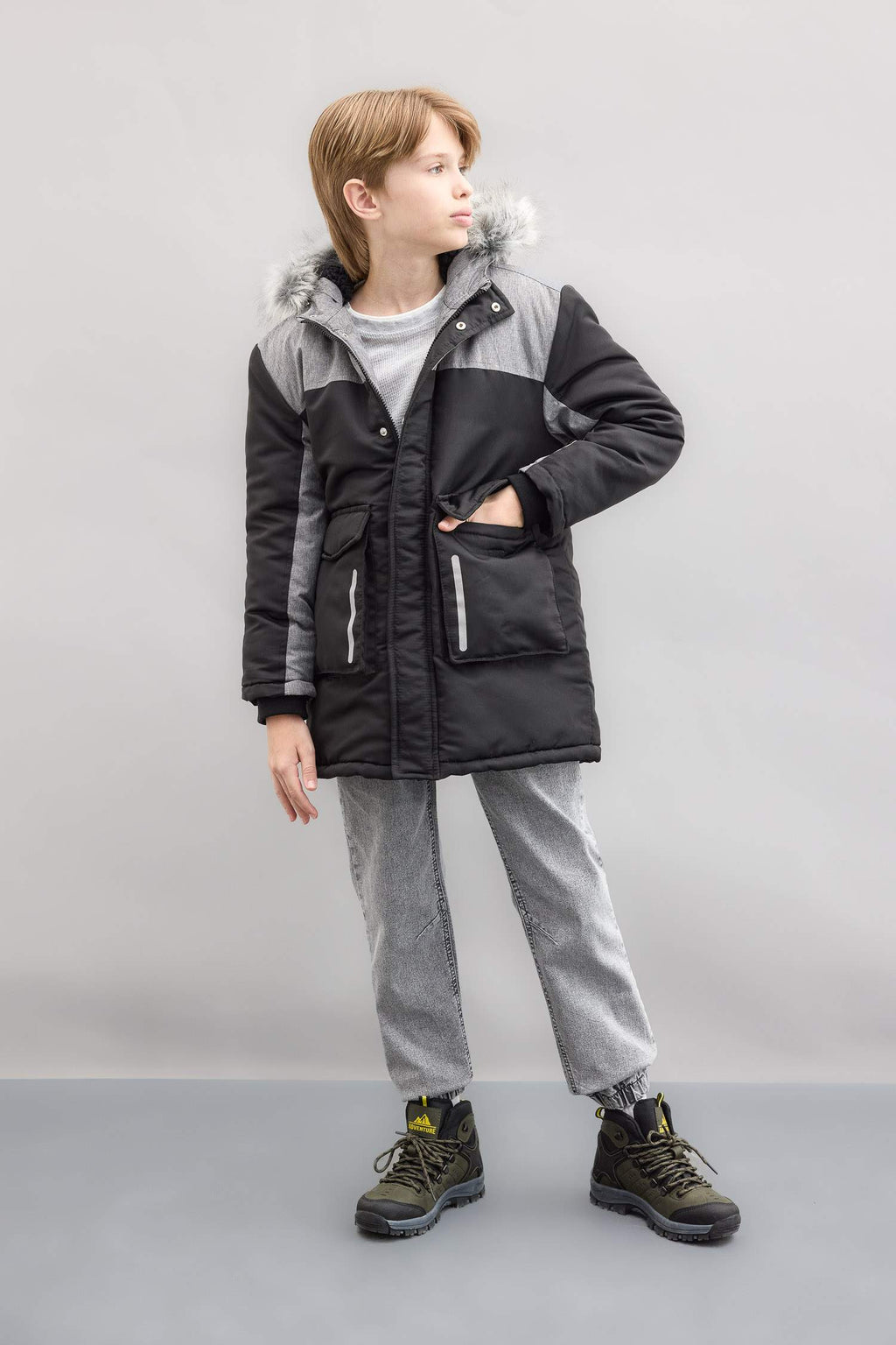 Boys Detachable Faux Fur Collar Hooded Plush Lining Parka