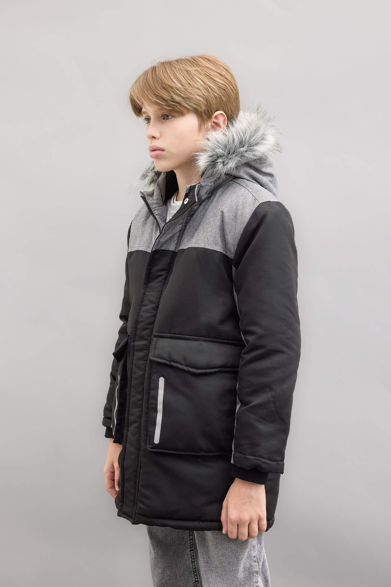 Boys Detachable Faux Fur Collar Hooded Plush Lining Parka