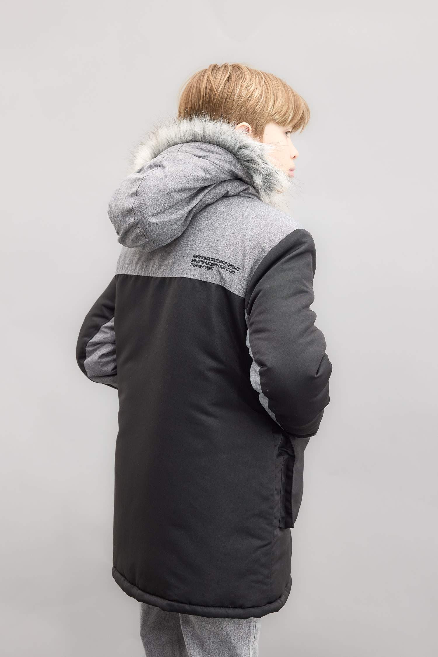 Boys Detachable Faux Fur Collar Hooded Plush Lining Parka