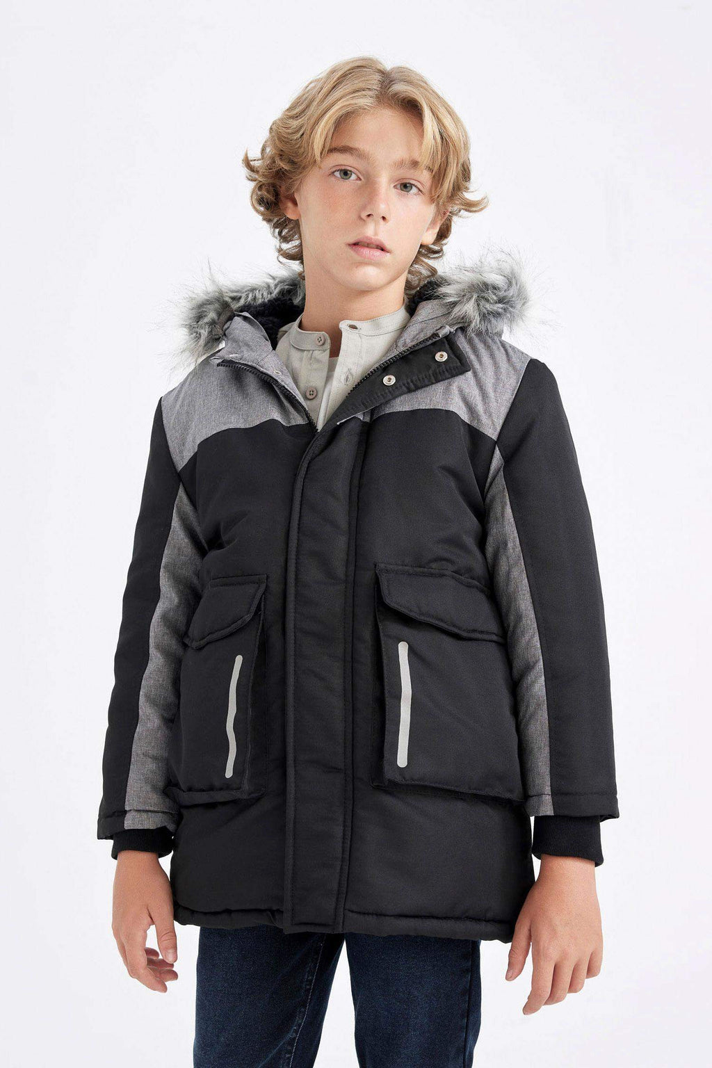 Boys Detachable Faux Fur Collar Hooded Plush Lining Parka