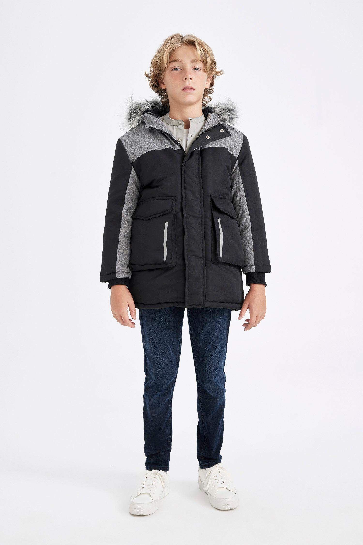 Boys Detachable Faux Fur Collar Hooded Plush Lining Parka