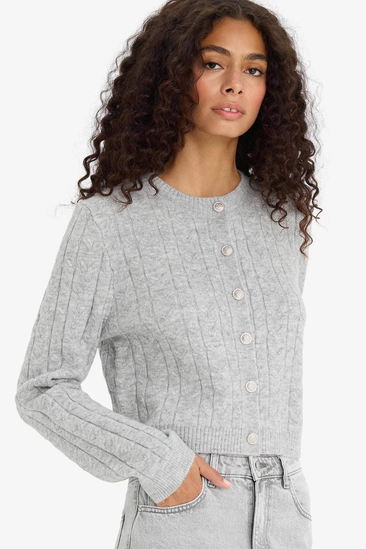 Regular Fit Crew Neck Rib Knit Pattern Cardigan