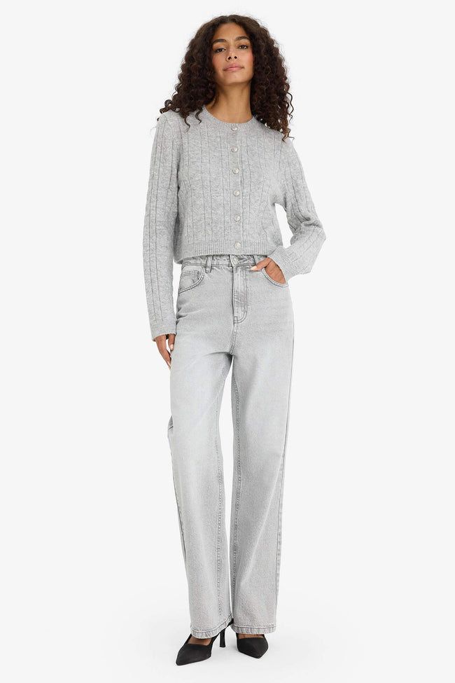 Regular Fit Crew Neck Rib Knit Pattern Cardigan Main Image