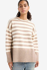 Oversize Loose Fit Crew Neck Slit Striped Knit Sweater