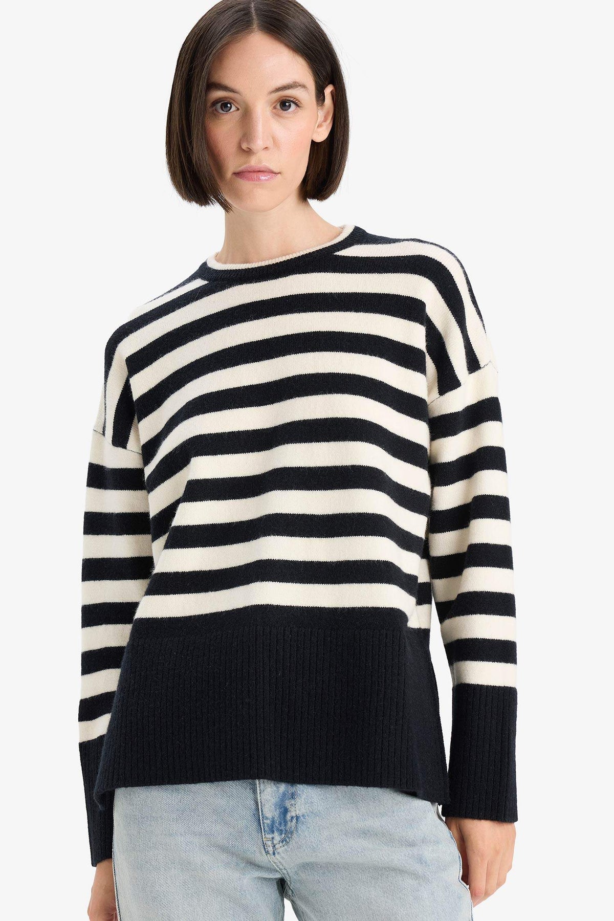 Oversize Loose Fit Crew Neck Slit Striped Knit Sweater