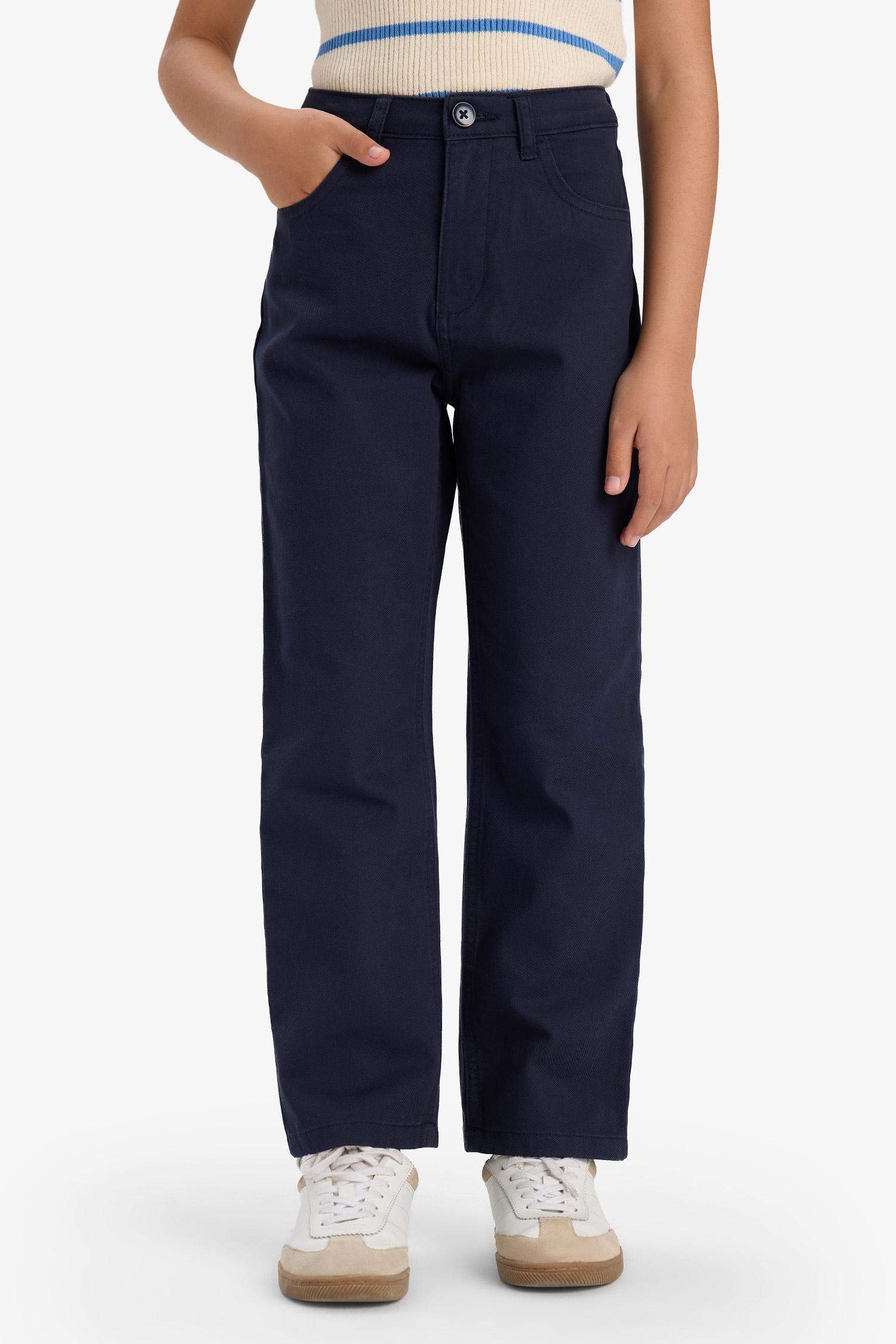 Girls Straight Fit Wide Leg Pocketed Cotton School Trousers