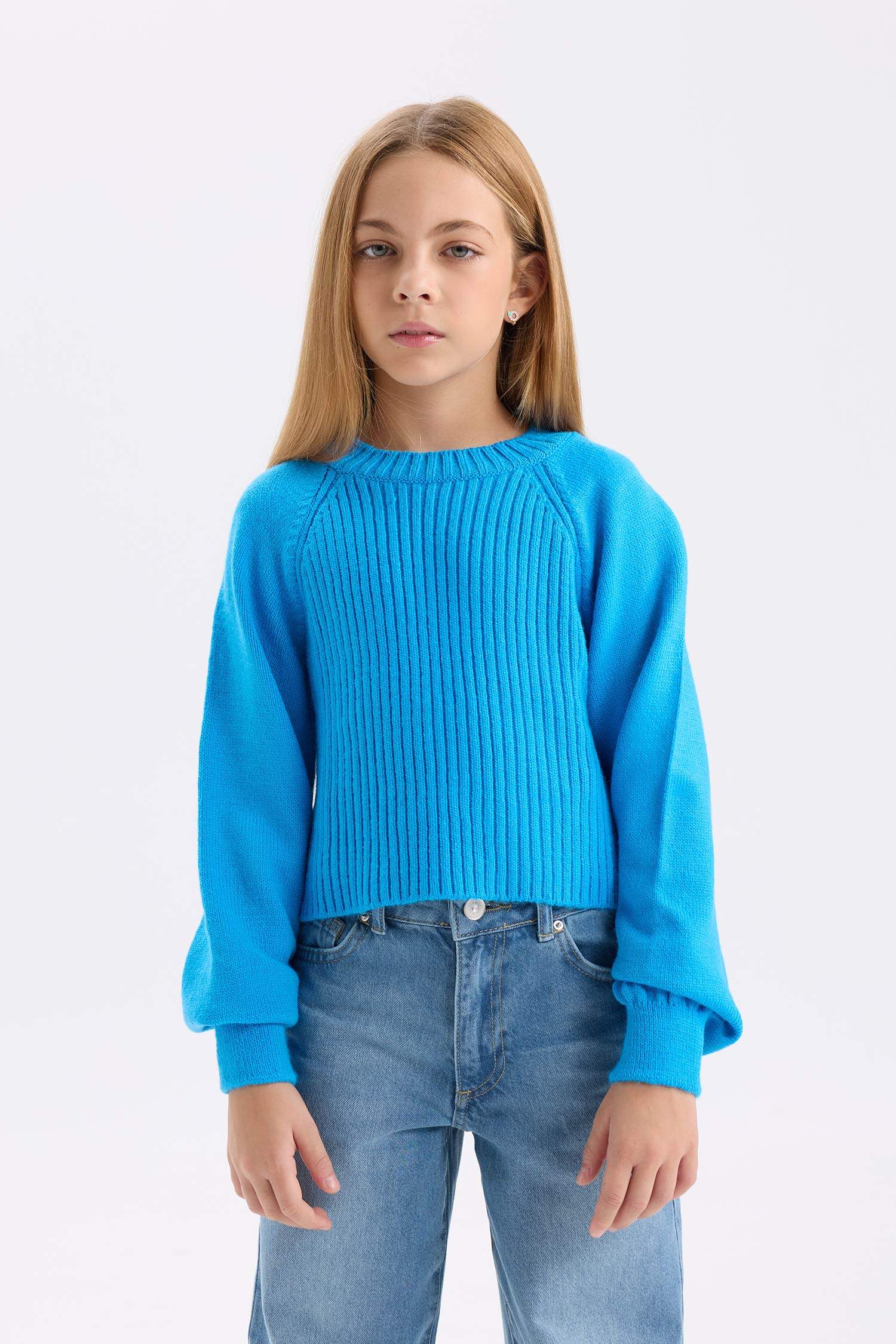 Girls Standard Fit Crew Neck Sweater with Elasticated Cuffs