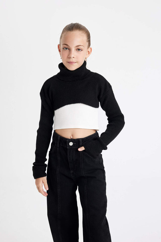 Girls Black and White Crop Turtleneck Knit Sweater Hover Image