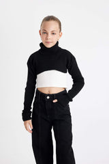 Girls Black and White Crop Turtleneck Knit Sweater