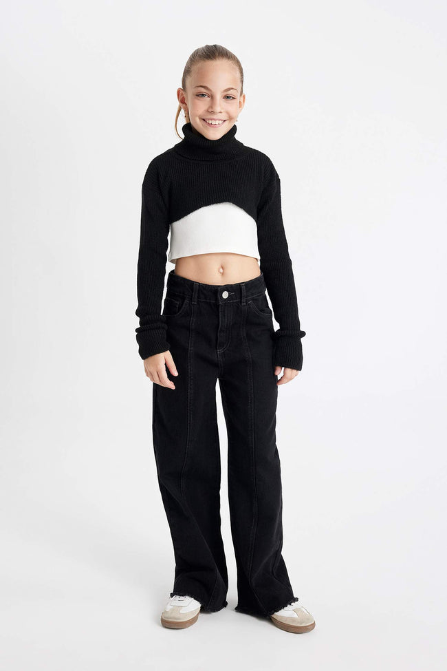 Girls Black and White Crop Turtleneck Knit Sweater Main Image