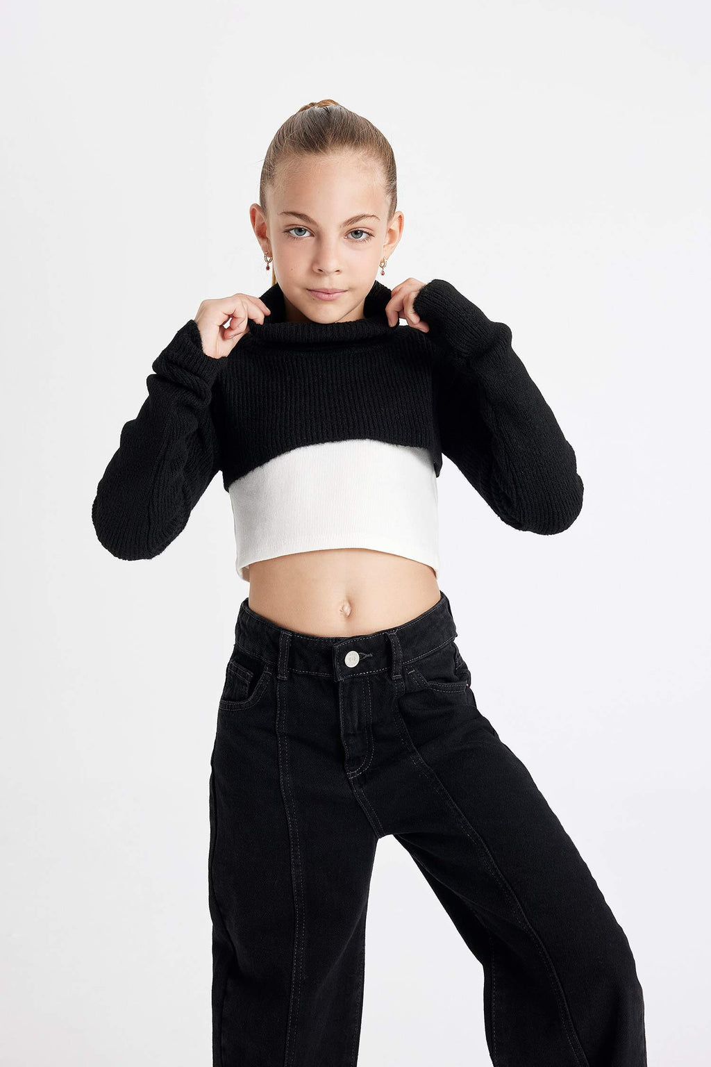 Girls Black and White Crop Turtleneck Knit Sweater