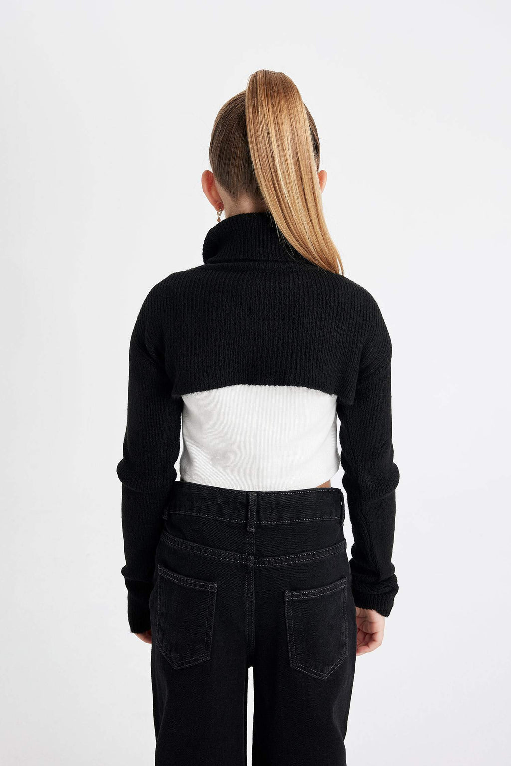 Girls Black and White Crop Turtleneck Knit Sweater