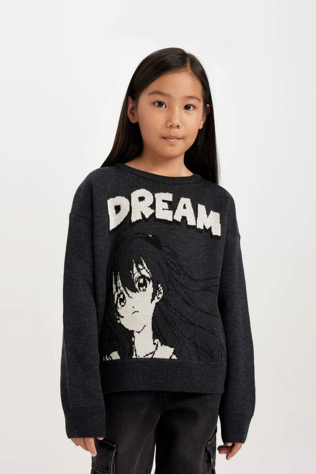 Girls Crew Neck Printed Knit Sweater Hover Image