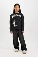 Girls Crew Neck Printed Knit Sweater