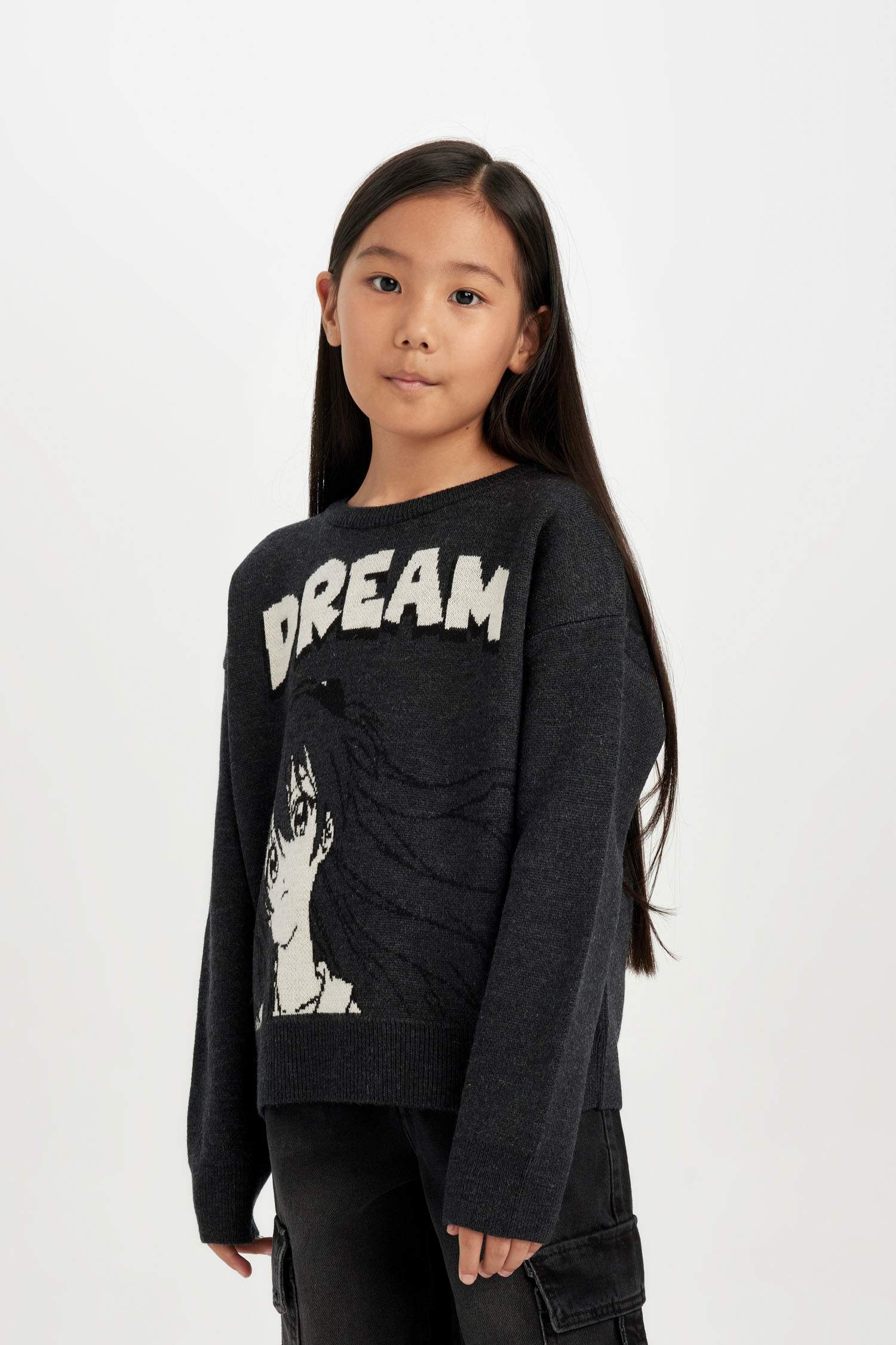 Girls Crew Neck Printed Knit Sweater