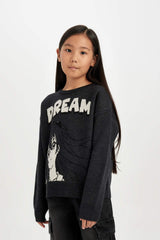 Girls Crew Neck Printed Knit Sweater