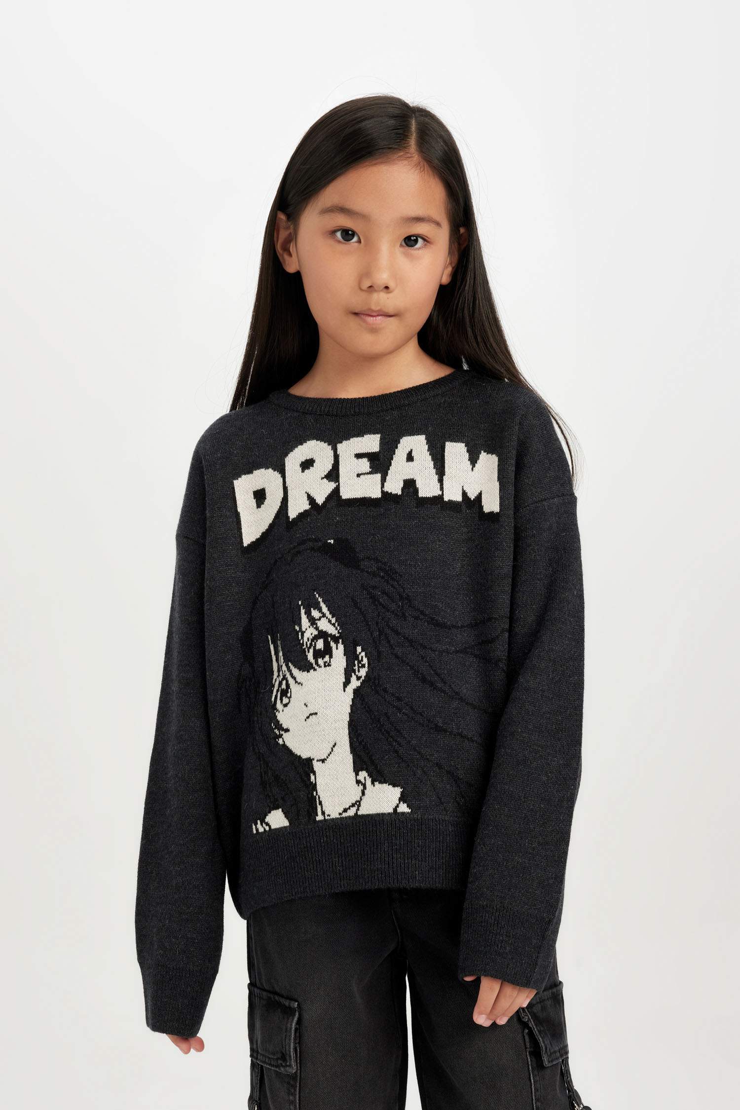 Girls Crew Neck Printed Knit Sweater