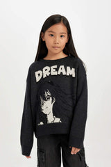 Girls Crew Neck Printed Knit Sweater