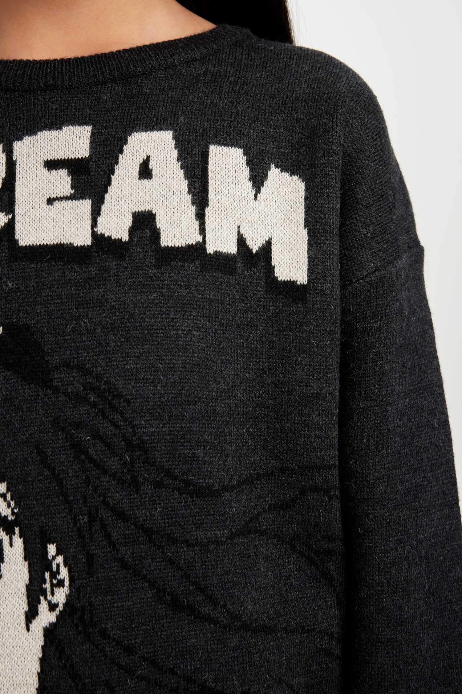 Girls Crew Neck Printed Knit Sweater