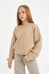 Girls Crop Crew Neck Hair Knitted Sweater