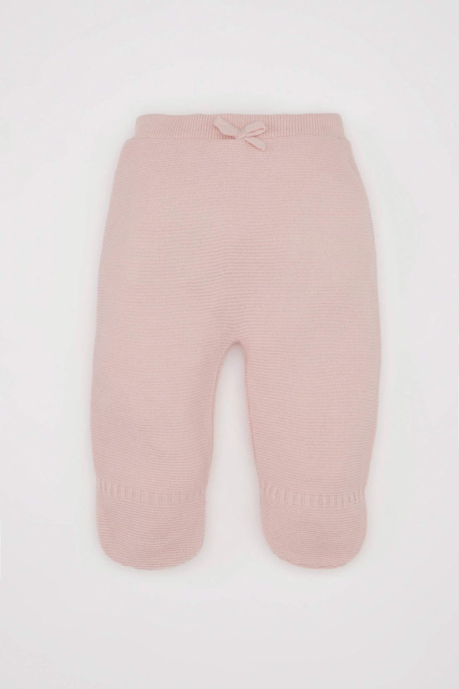 Baby Girl Basic Plain Knitted Trousers with Elastic Waistband and Booties Hover Image