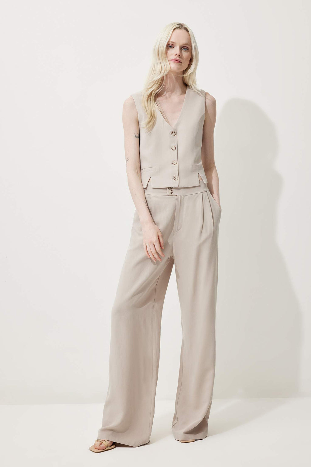 V Neck Linen Blend White Blazer Vest