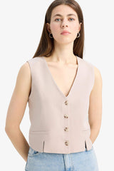 V Neck Linen Blend White Blazer Vest