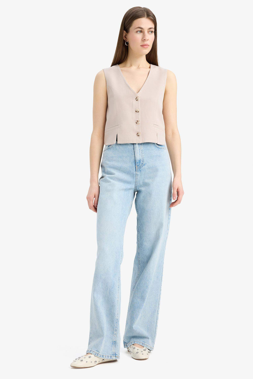 V Neck Linen Blend White Blazer Vest