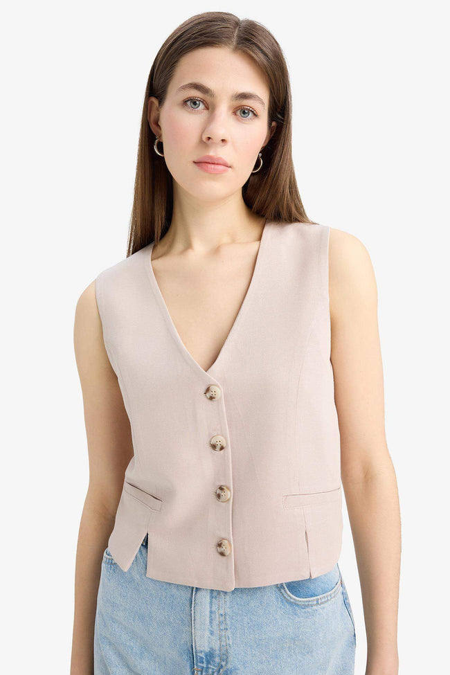 V Neck Linen Blend White Blazer Vest Main Image