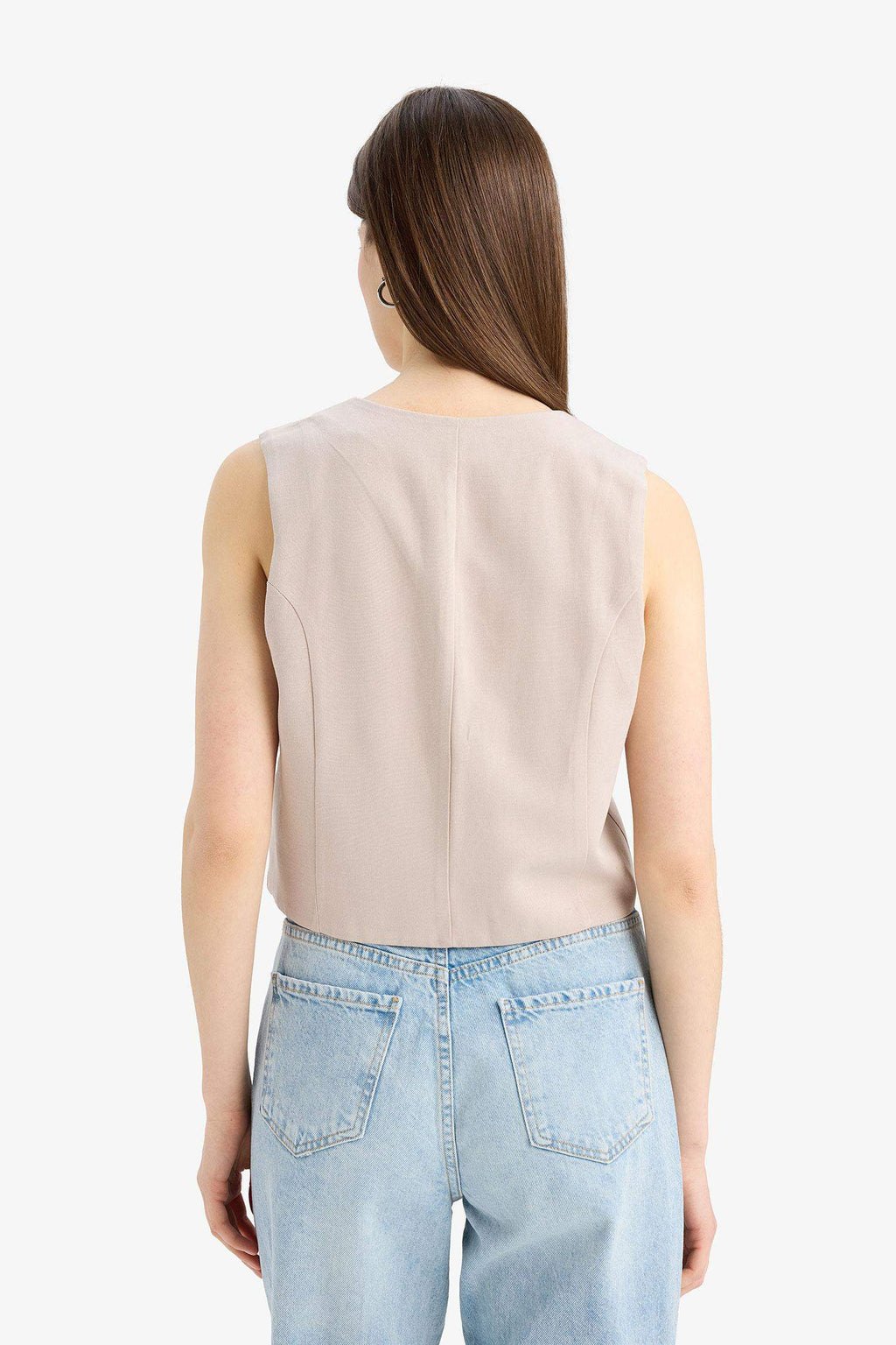 V Neck Linen Blend White Blazer Vest