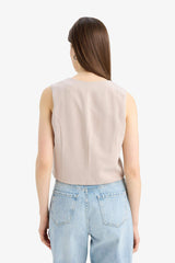 V Neck Linen Blend White Blazer Vest