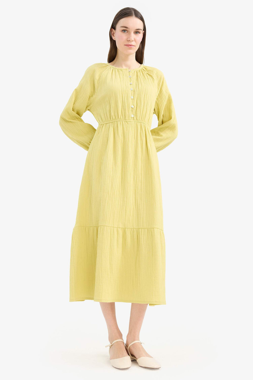 Relax Fit Bicycle Collar Muslin Long Sleeve Maxi Dress