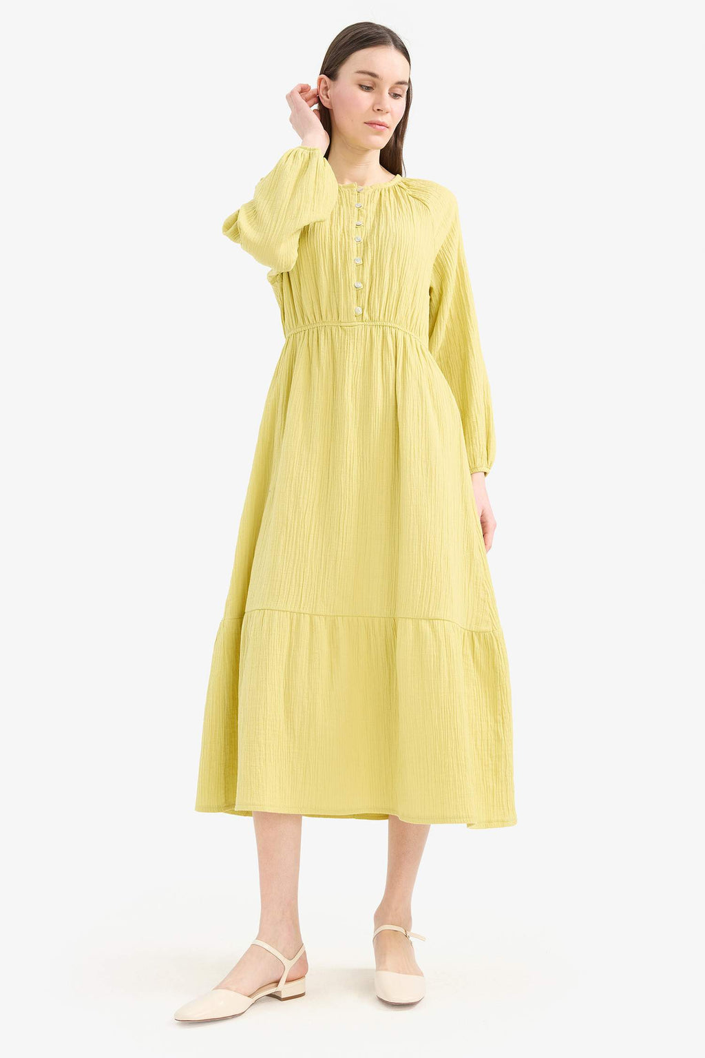 Relax Fit Bicycle Collar Muslin Long Sleeve Maxi Dress