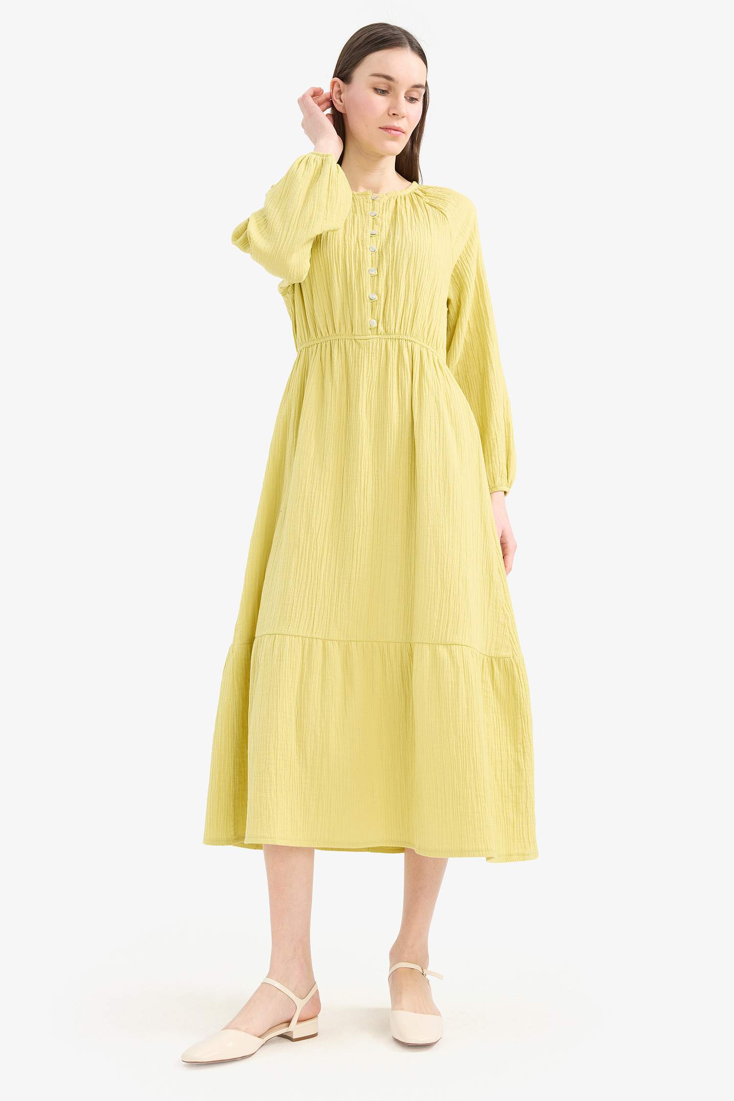 Relax Fit Bicycle Collar Muslin Long Sleeve Maxi Dress