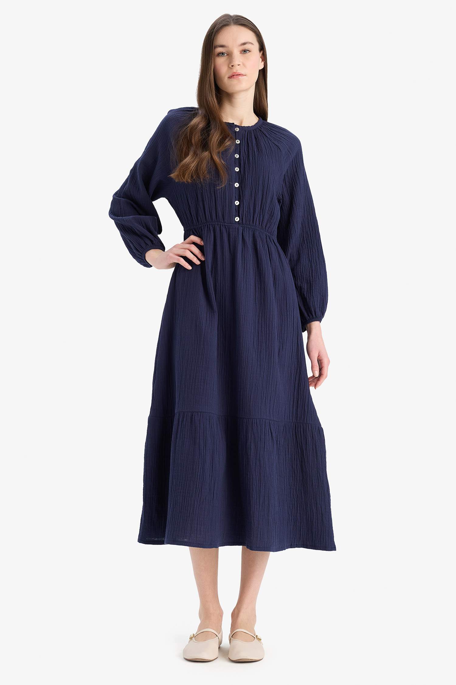 Relax Fit Bicycle Collar Muslin Long Sleeve Maxi Dress