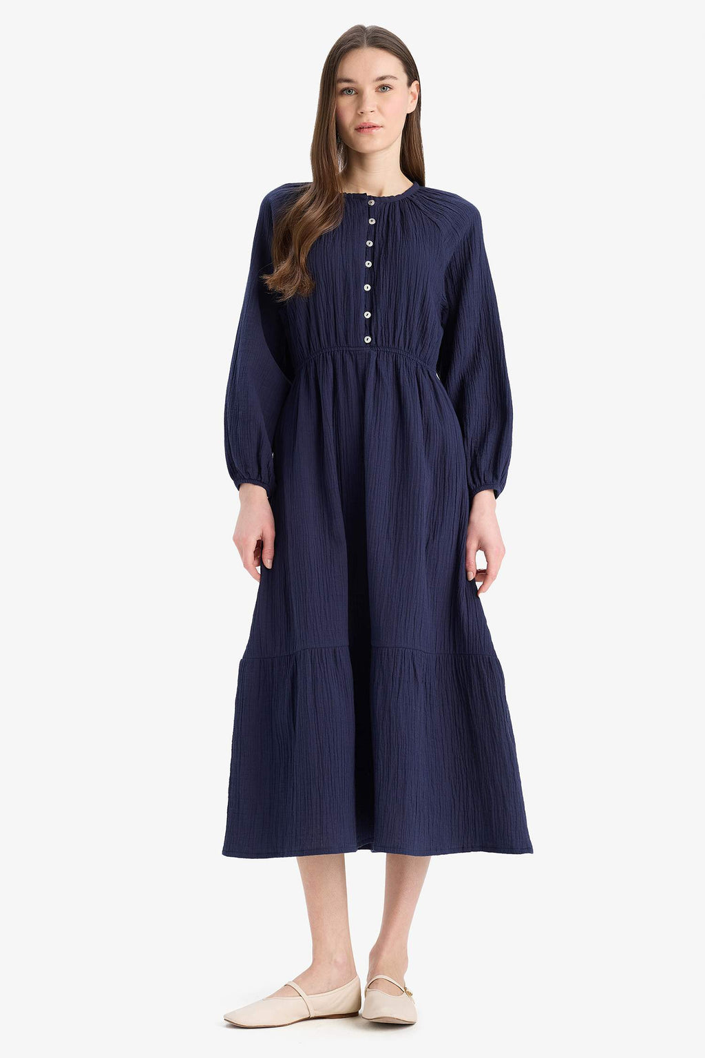 Relax Fit Bicycle Collar Muslin Long Sleeve Maxi Dress