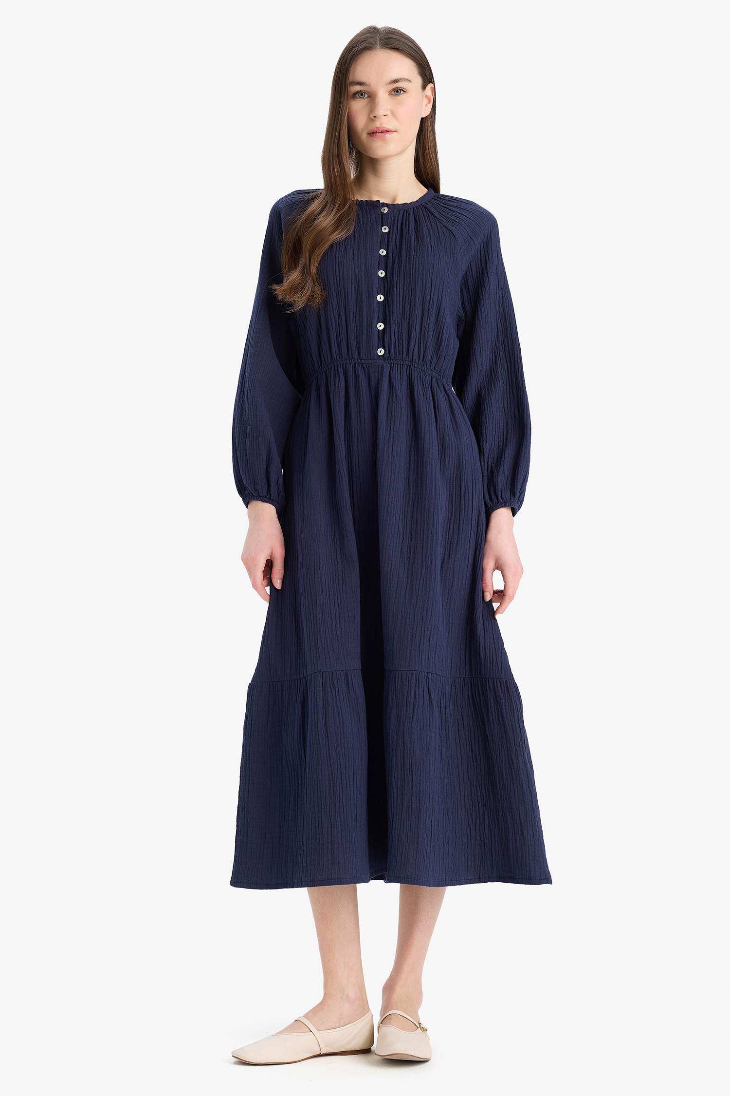 Relax Fit Bicycle Collar Muslin Long Sleeve Maxi Dress