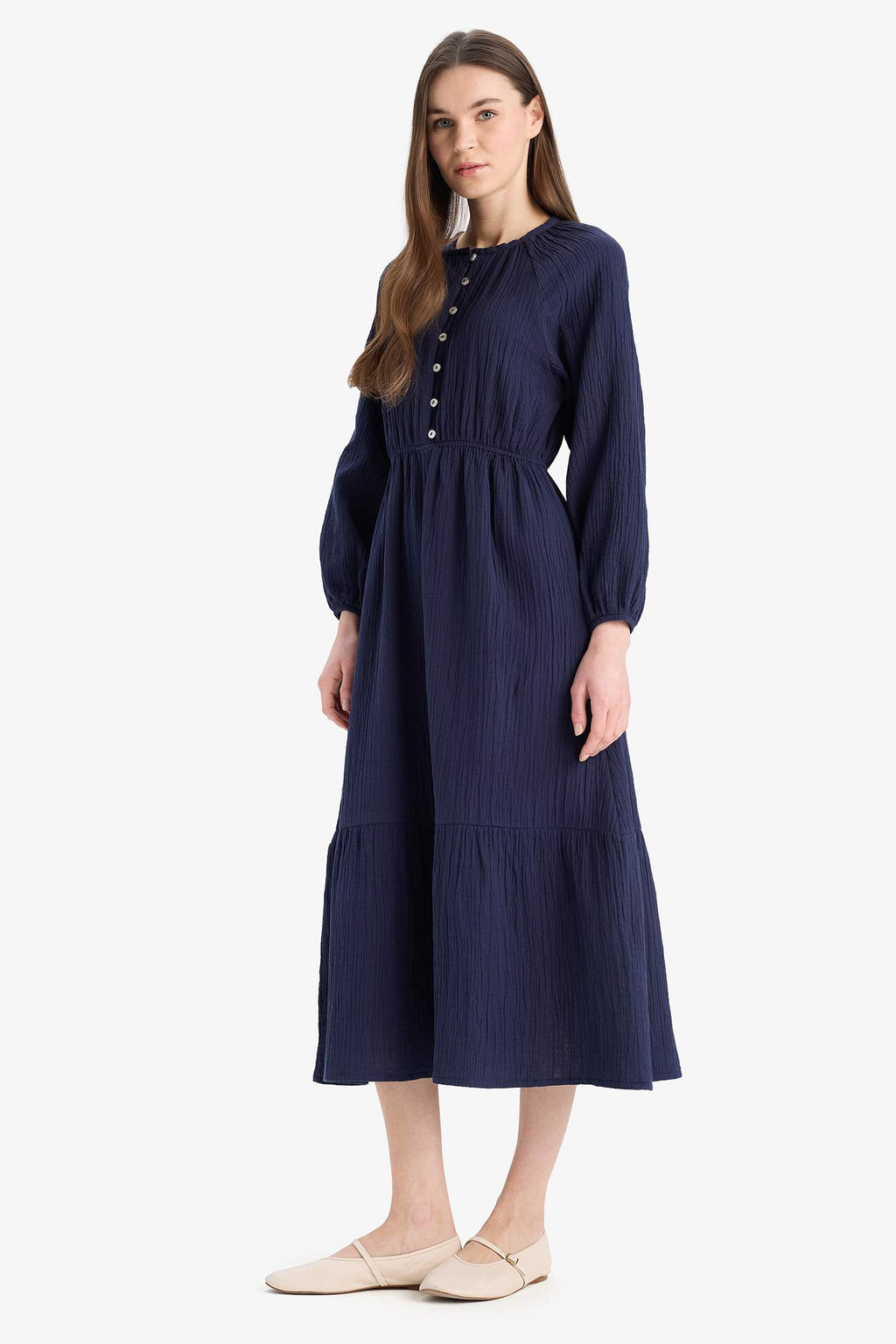 Relax Fit Bicycle Collar Muslin Long Sleeve Maxi Dress