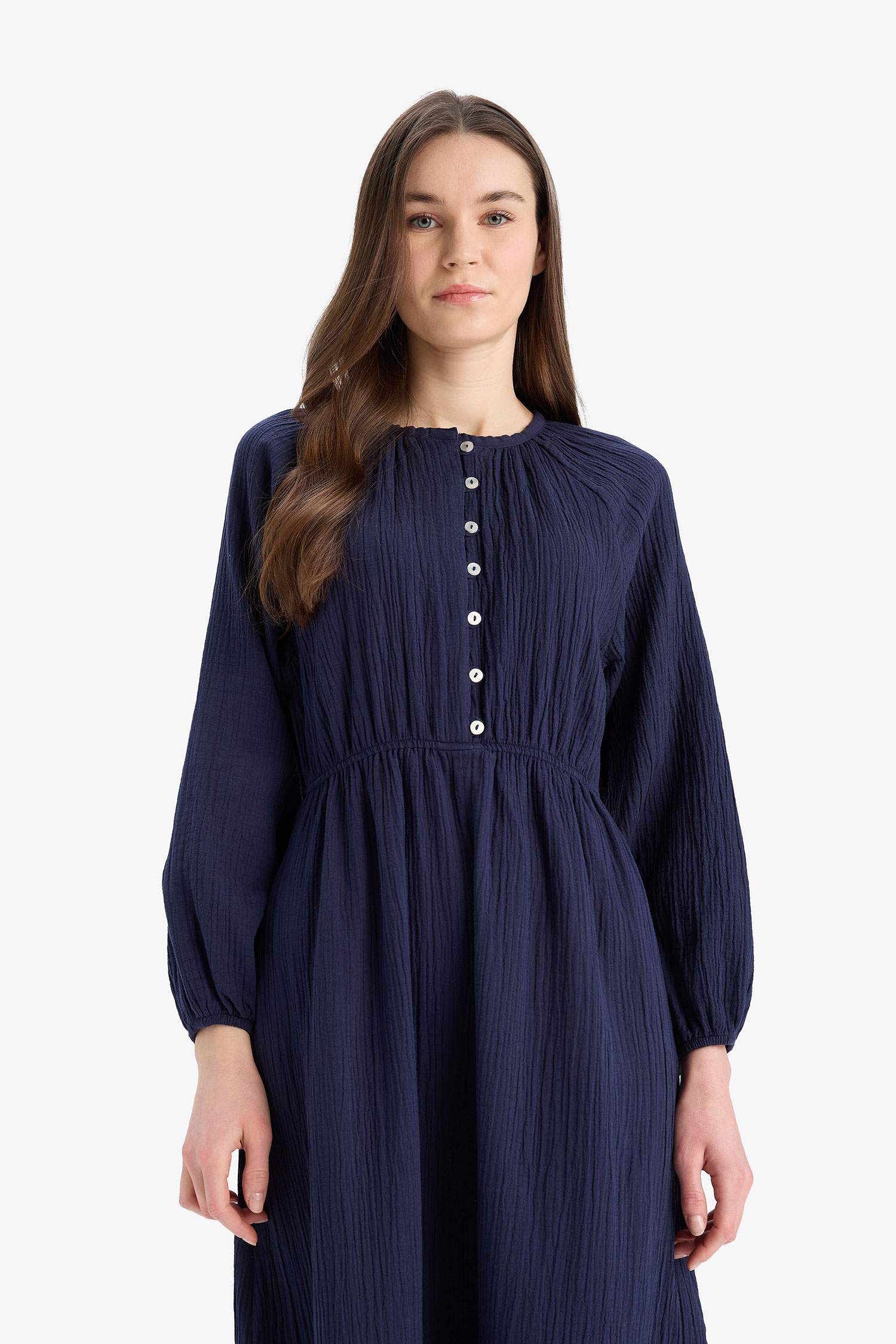 Relax Fit Bicycle Collar Muslin Long Sleeve Maxi Dress