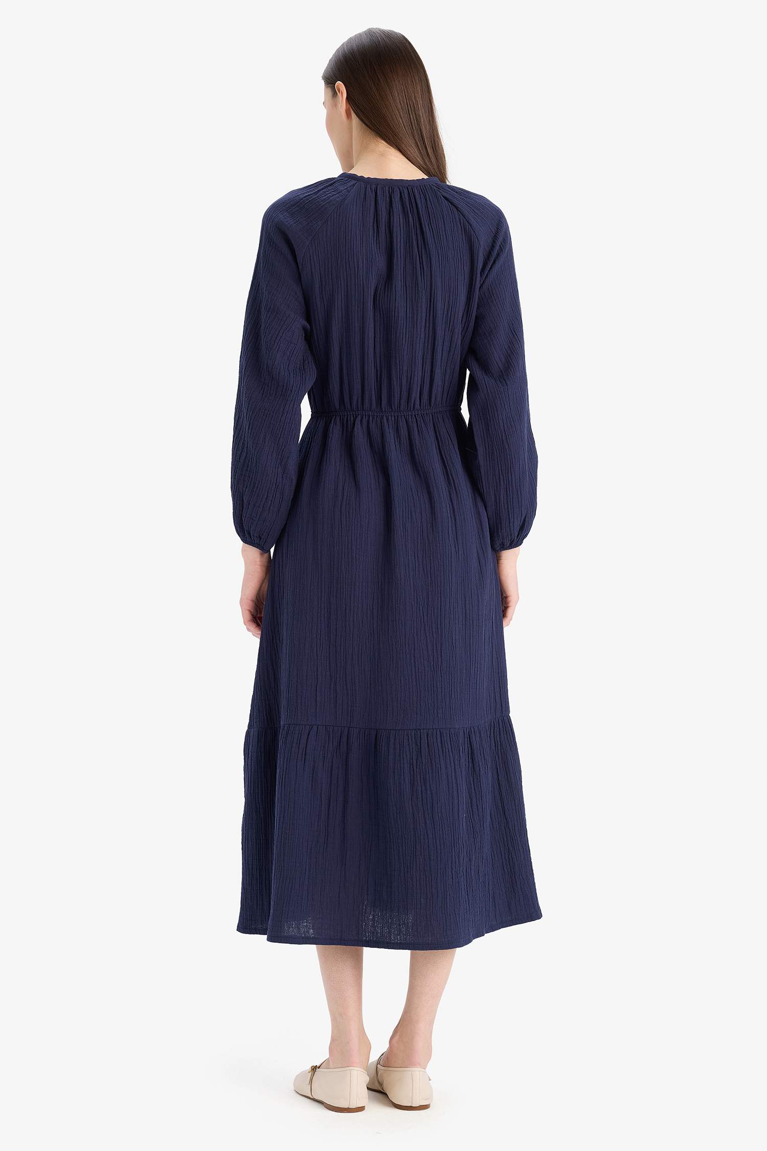 Relax Fit Bicycle Collar Muslin Long Sleeve Maxi Dress