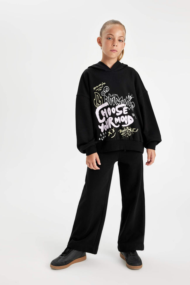 Girls Black Oversize Wide-Mould Hooded Printed Sweatshirt Main Image