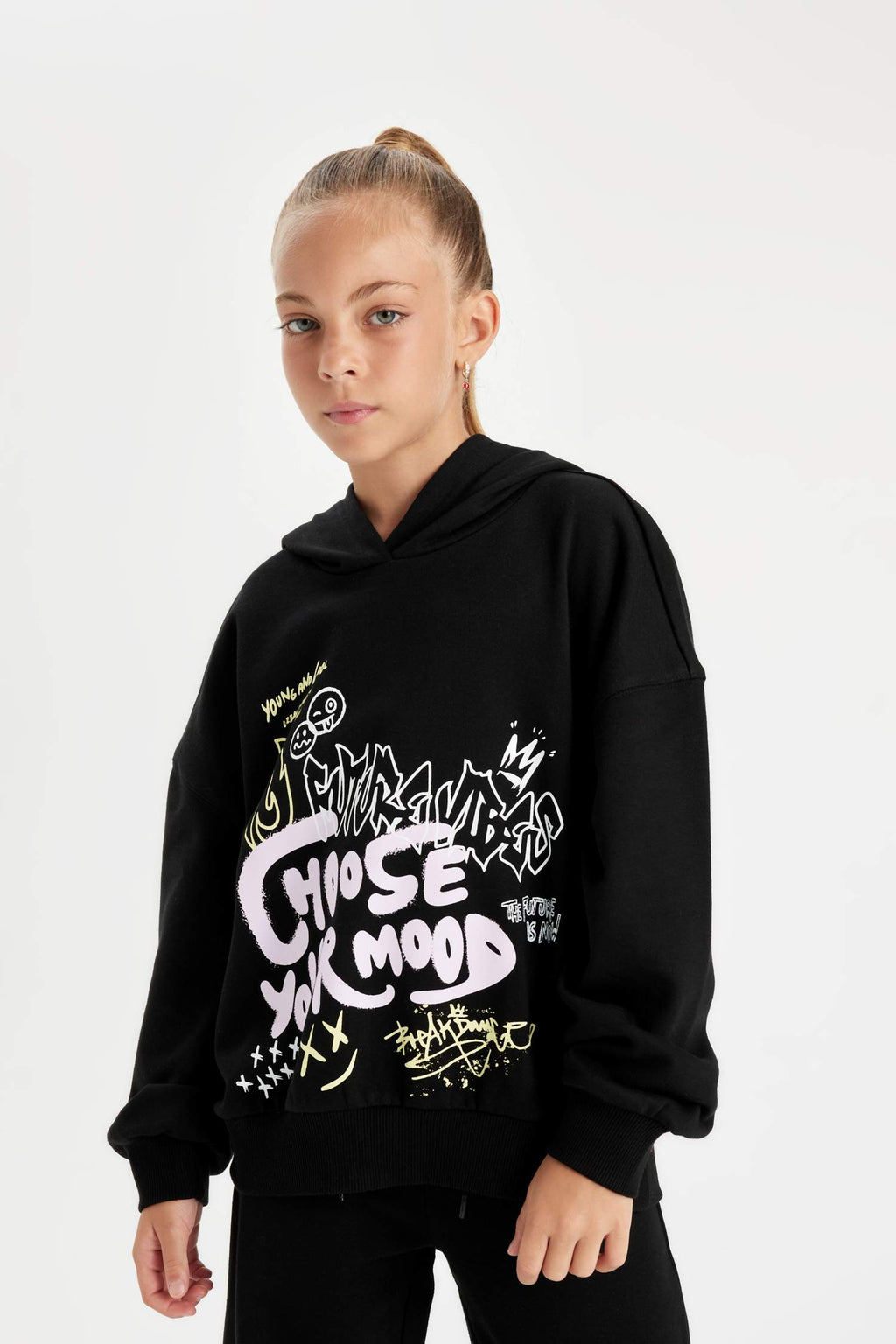 Girls Black Oversize Wide-Mould Hooded Printed Sweatshirt