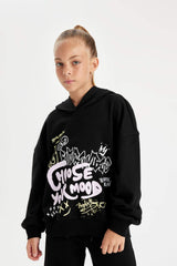 Girls Black Oversize Wide-Mould Hooded Printed Sweatshirt
