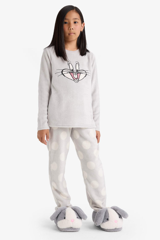 Girls Looney Tunes Pajama Set Embroidered Plush Long Sleeve Top and Long Bottoms Hover Image